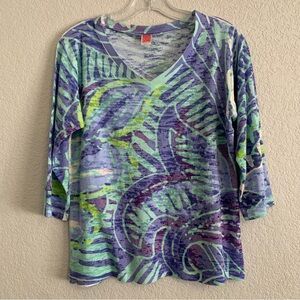 Sundance Before Again Tee Womens L Boho Burnout Abstract Print Semi Sheer